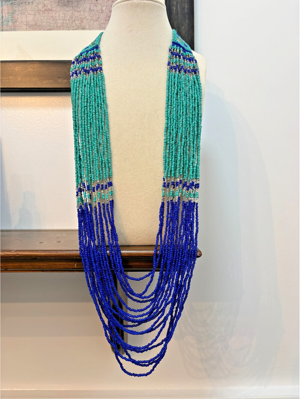 Layered Multi Strand Glass Seed Bead Necklace 28" Turquoise Blue Native